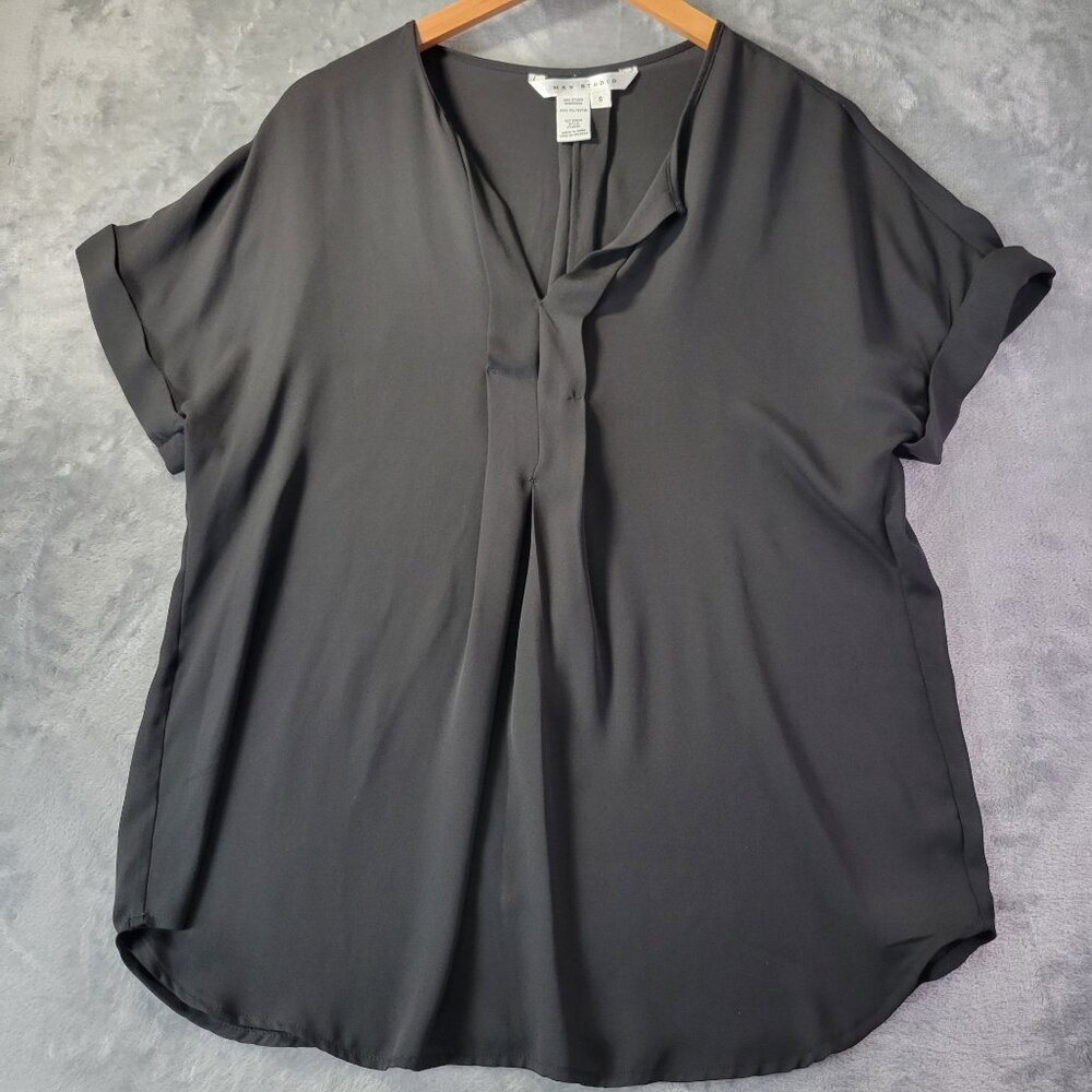 Max Studio Women’s Blouse S Black‎ Short Sleeve Split Neck Relaxed Fit Top Vibe